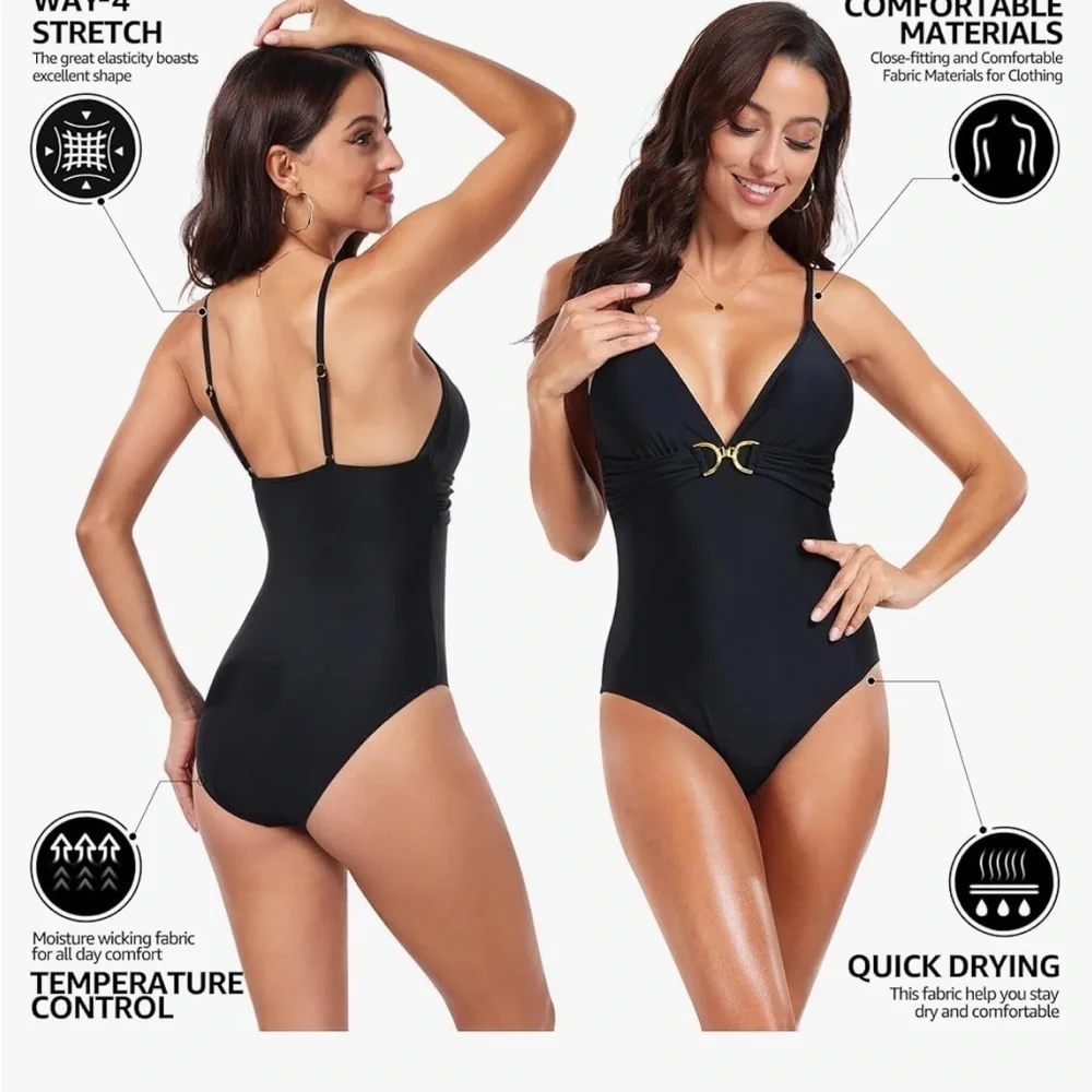 Black One-Piece Swimsuit with Gold Accent
